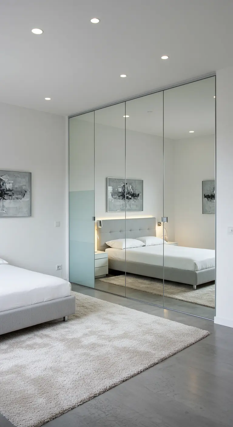 Slaapkamer met een grote spiegelkastwand die de ruimte reflecteert.