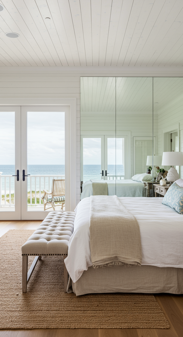Spiegelwand in slaapkamer reflecteert het uitzicht op zee.