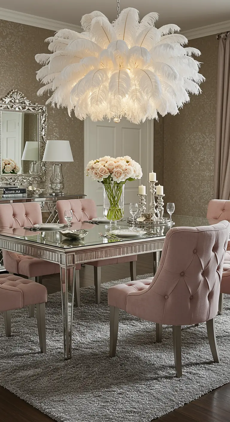 Grote witte veren hanglamp boven een glazen eettafel met roze fluwelen stoelen.