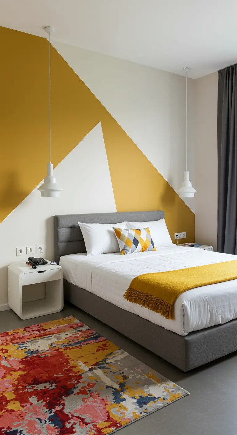 Moderne slaapkamer met geometrisch geel en wit verfpatroon op de muur.