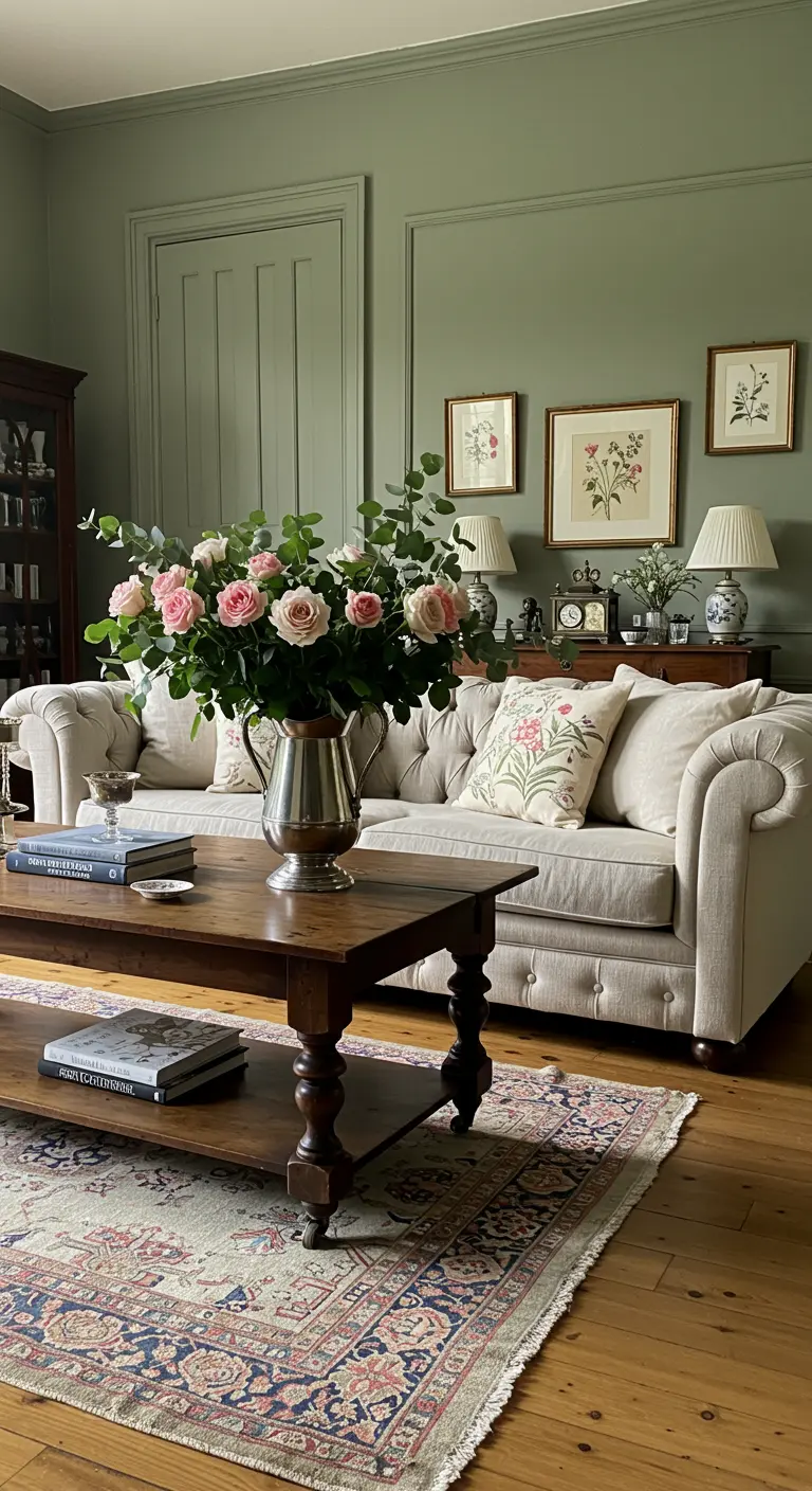 Elegante woonkamer met groene muren, beige bank en roze rozen.