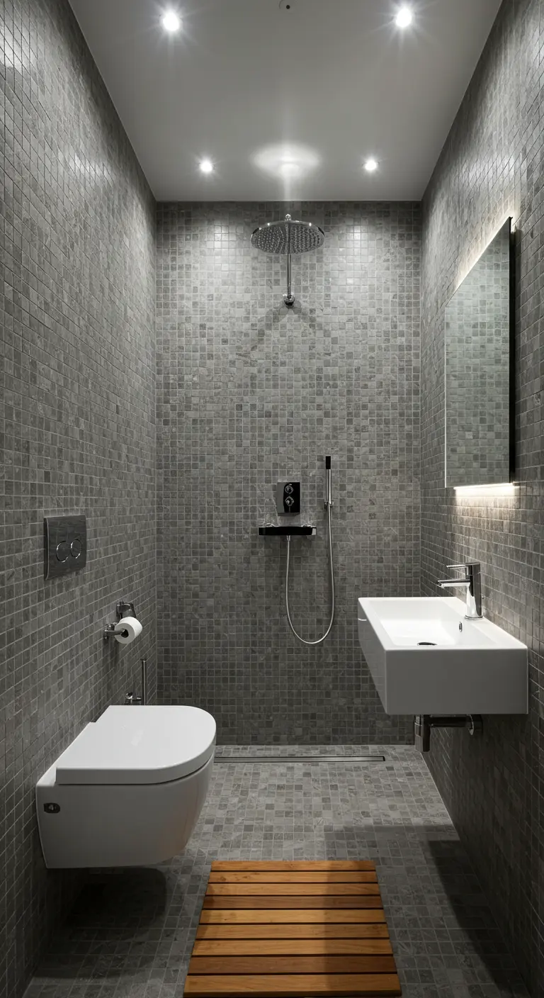 Moderne grijze badkamer met mozaïektegels op vloer en wanden, en houten badmat.