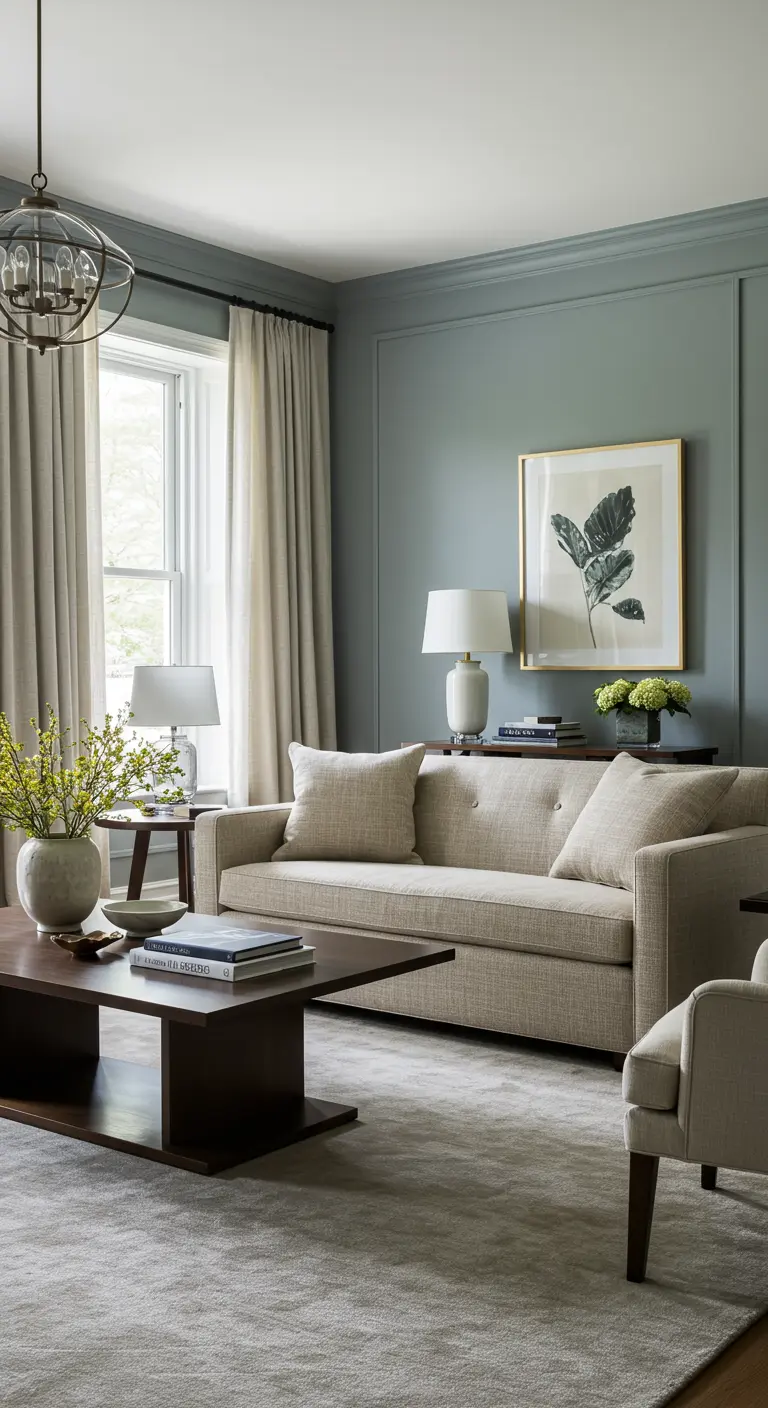 Elegante woonkamer met grijsblauwe muren, beige bank en klassieke details.