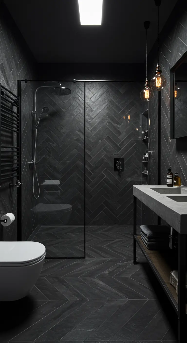 Donkere badkamer met visgraat tegelpatroon in de douche en betonnen wastafel.