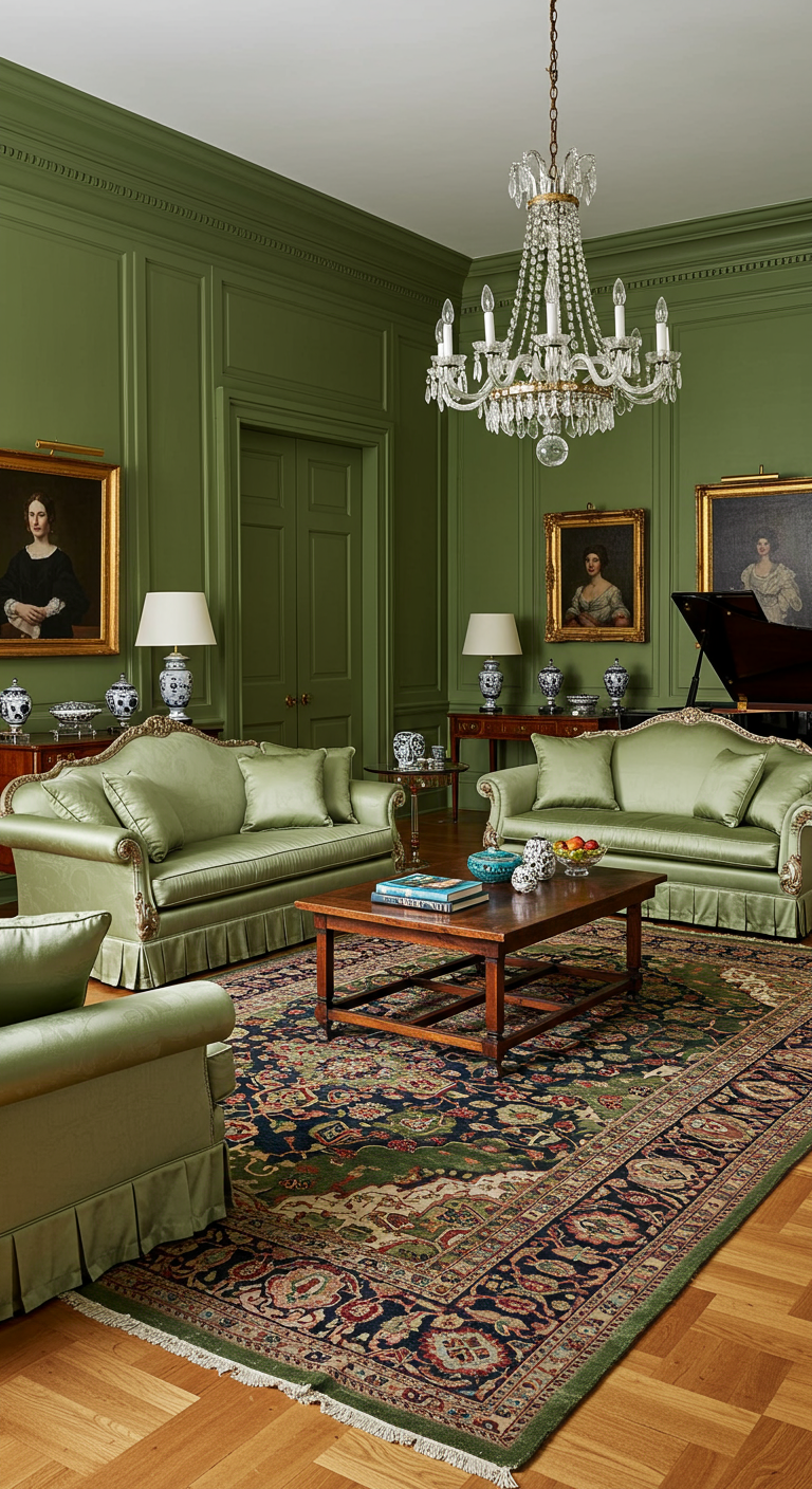 Formele woonkamer met licht olijfgroene satijnen banken en klassieke meubels.