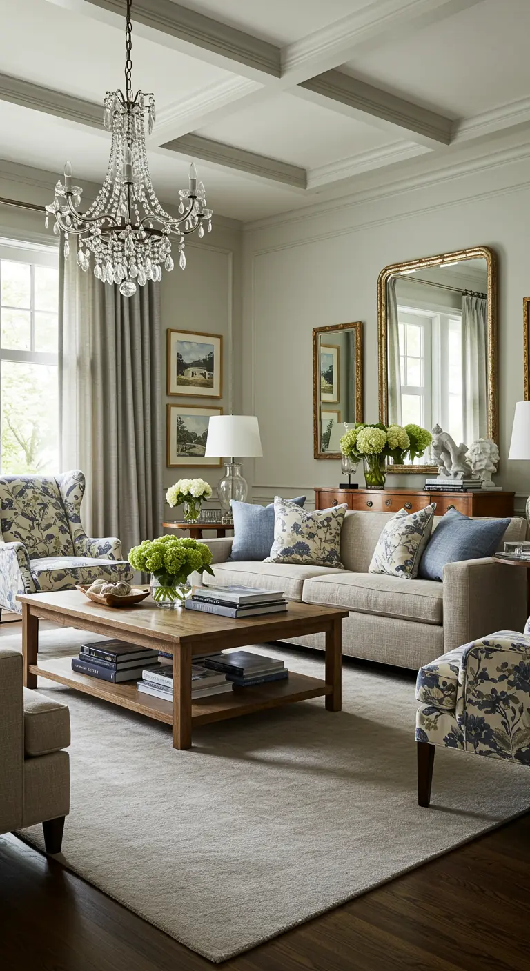 Klassieke woonkamer met beige bank, fauteuils met bloemenprint en kroonluchter.