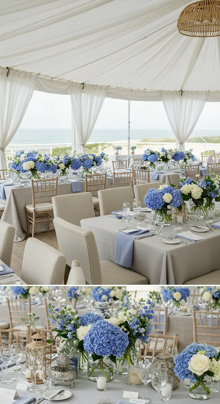 Bruiloftsreceptie in een witte tent met blauwe en witte hortensia's en uitzicht op zee.