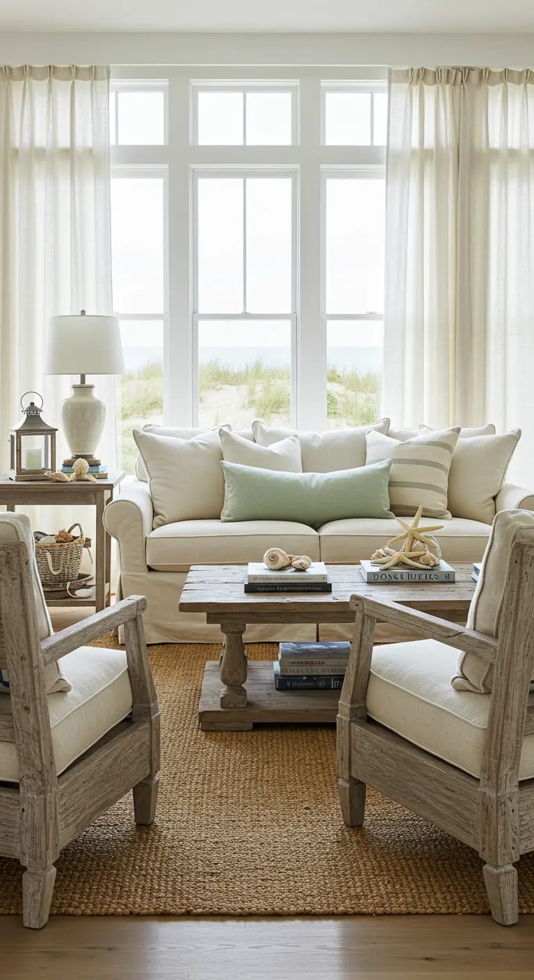 Coastal woonkamer met witte bank, houten fauteuils en jute kleed.