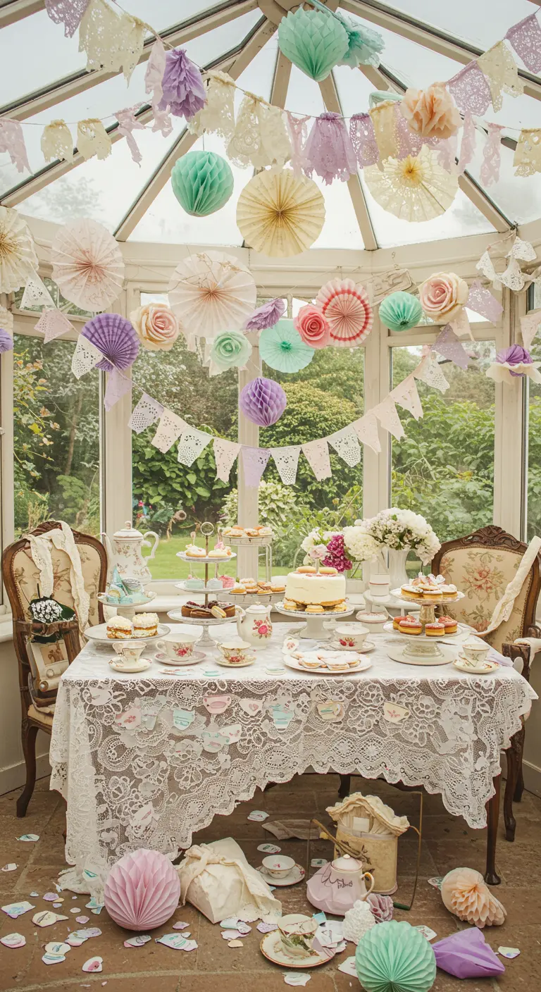 High tea setting in een serre met pastelkleurige papieren waaiers, honeycombs en slingers.