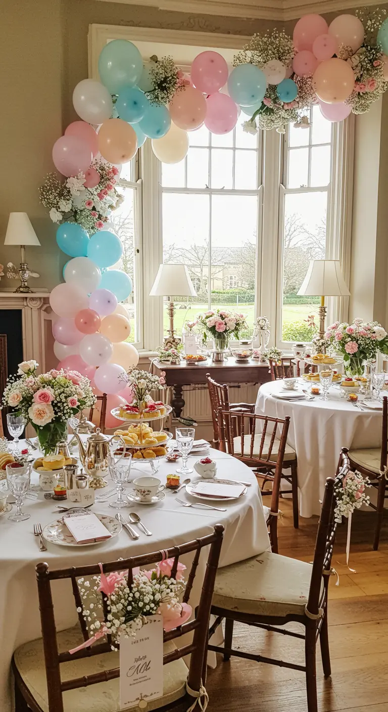 Klassieke feestsetting met pastel ballonnenboog bij raam en elegante tafeldecoratie.