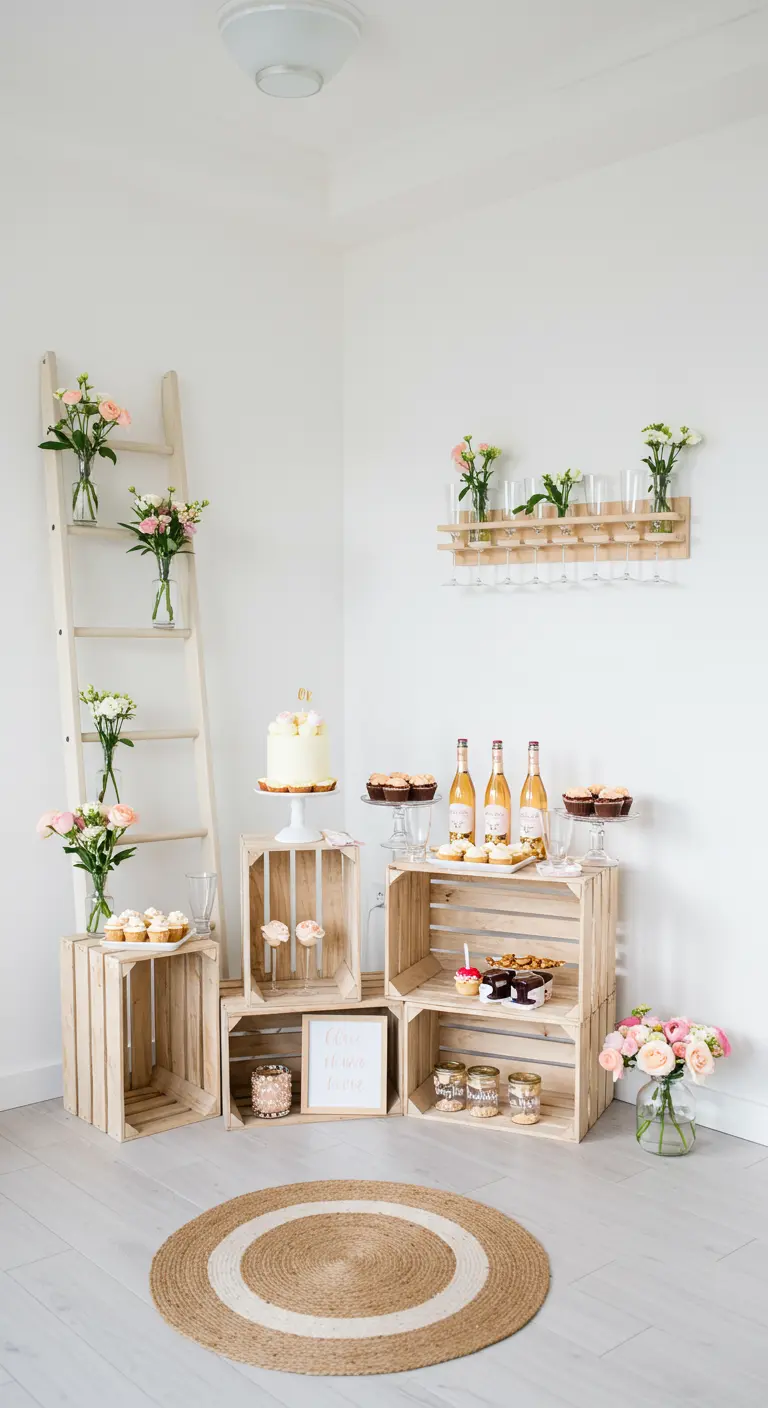 Minimalistische sweet table met lichte houten kratten, witte ladder, roze bloemen, taart en drankjes.