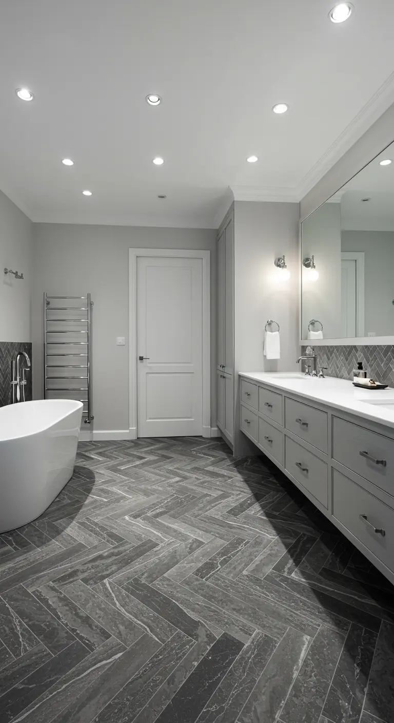 Elegante badkamer met grijze natuursteen tegels in visgraatpatroon.