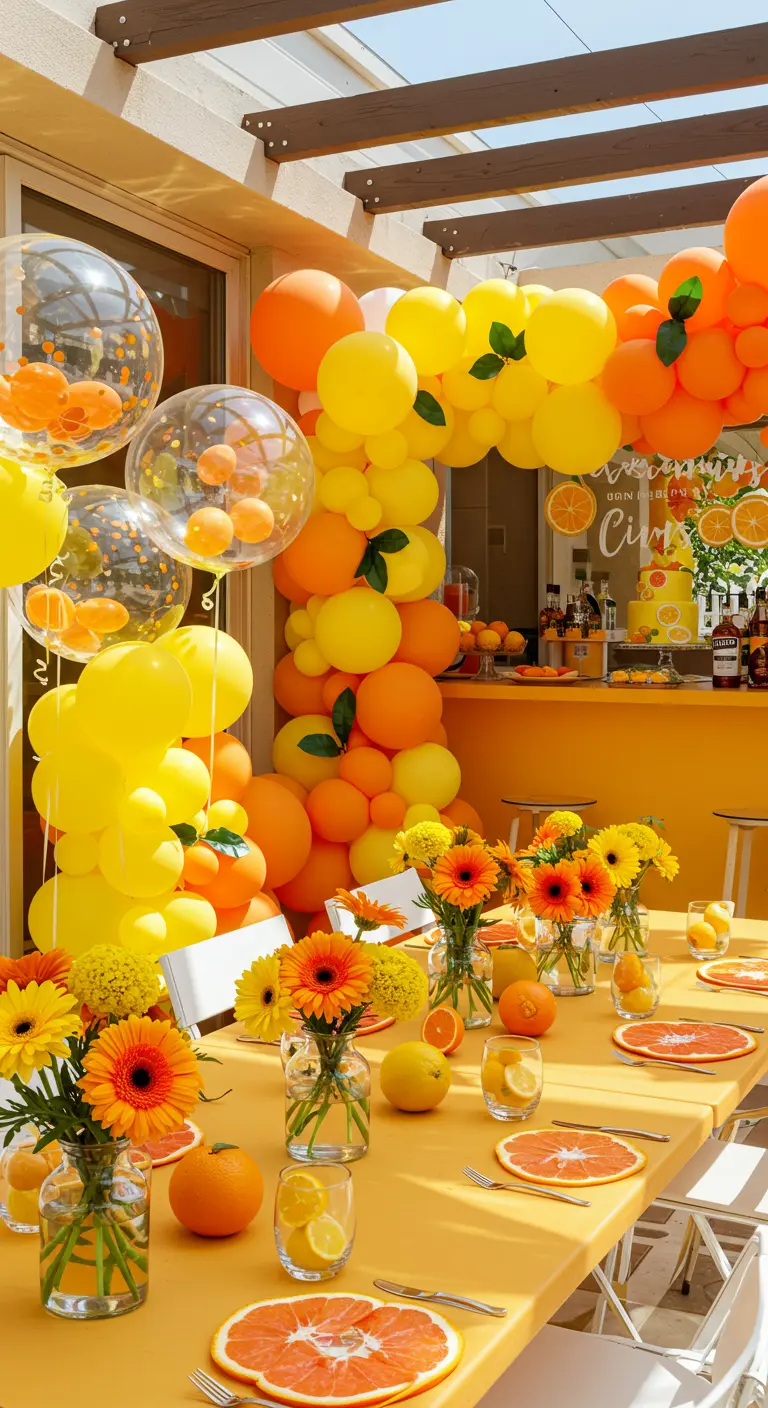 Zonnige feestdecoratie met gele en oranje ballonnen, citrusvruchten en gerbera's.