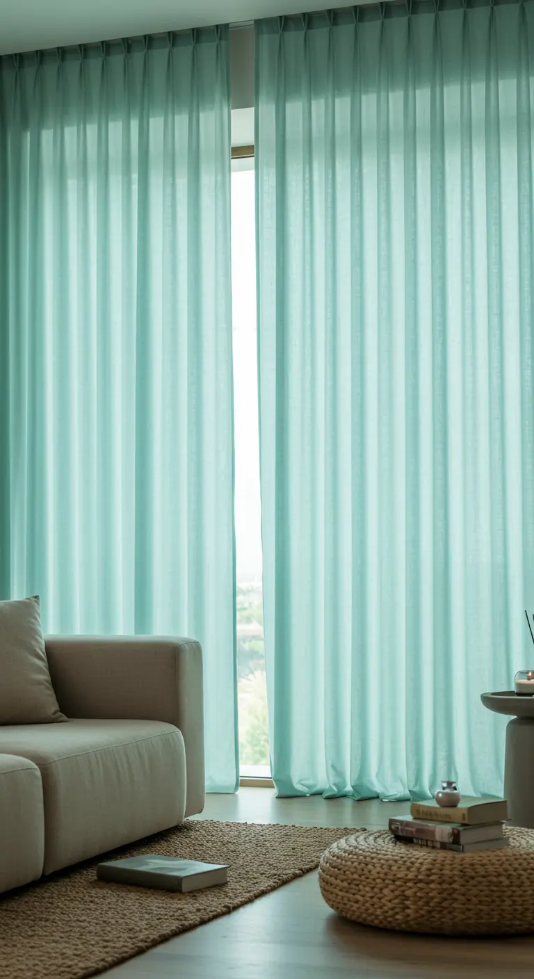 Lichte, semi-transparante mintgroene gordijnen in een moderne woonkamer.