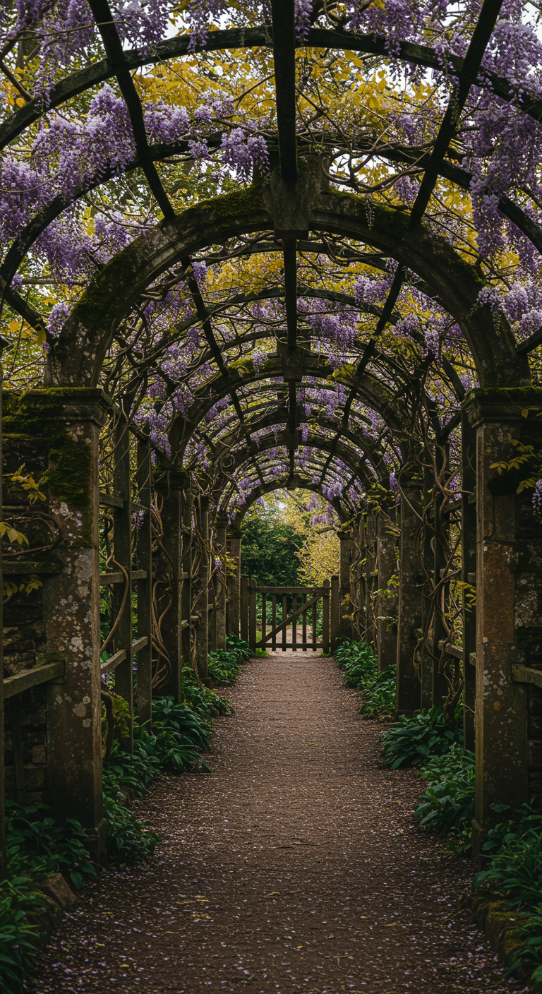 Oude stenen pergola-tunnel begroeid met blauweregen en mos, leidend naar een hek.