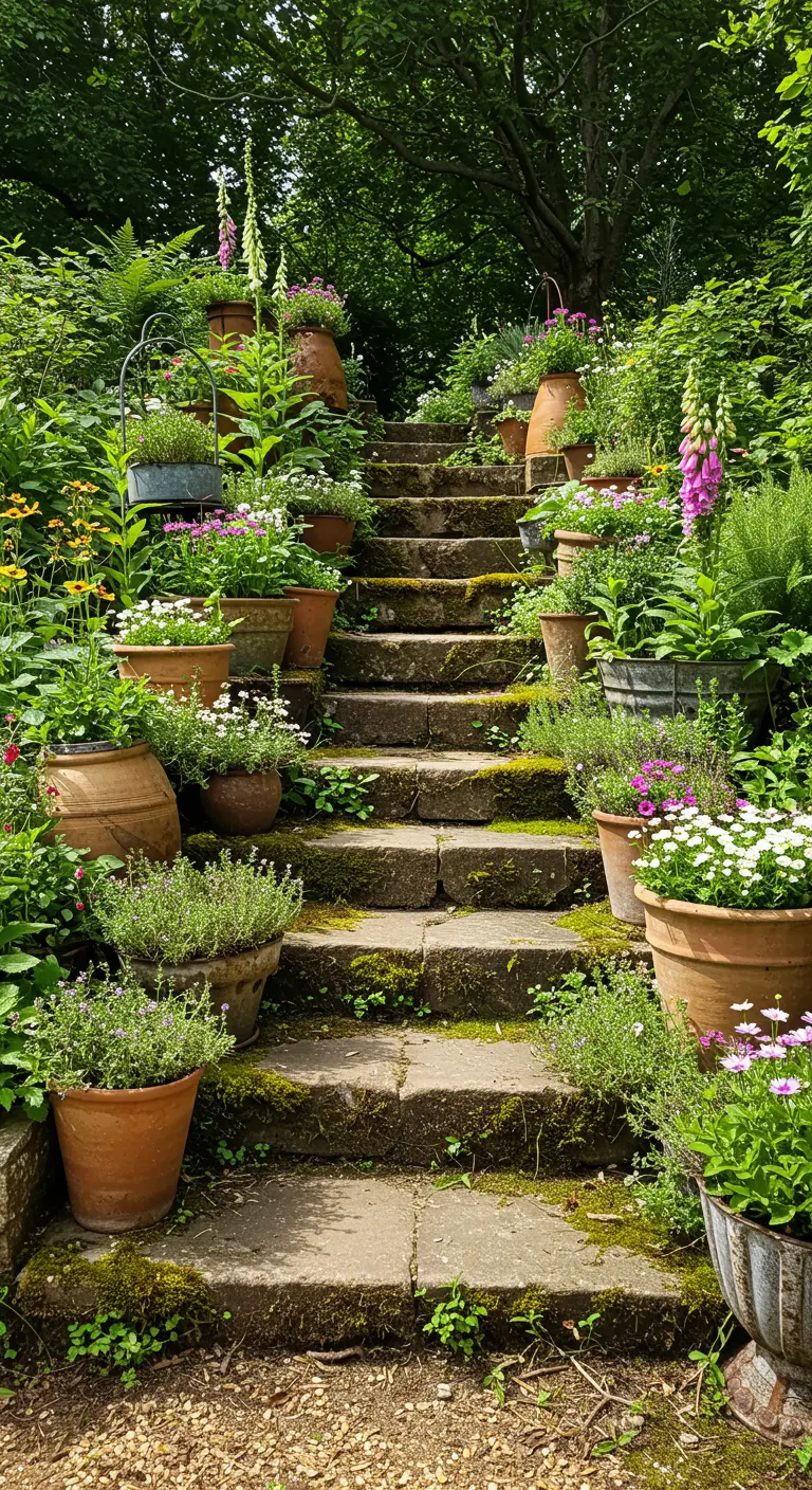 Oude stenen tuintrap overwoekerd met mos en vol diverse bloempotten en planten.
