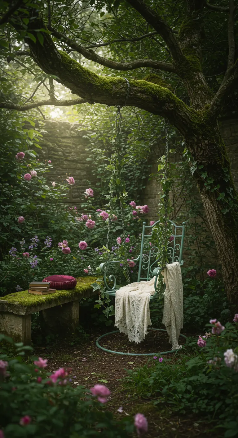 Vintage metalen hangstoel in verwilderde tuin met klimop en roze bloemen.