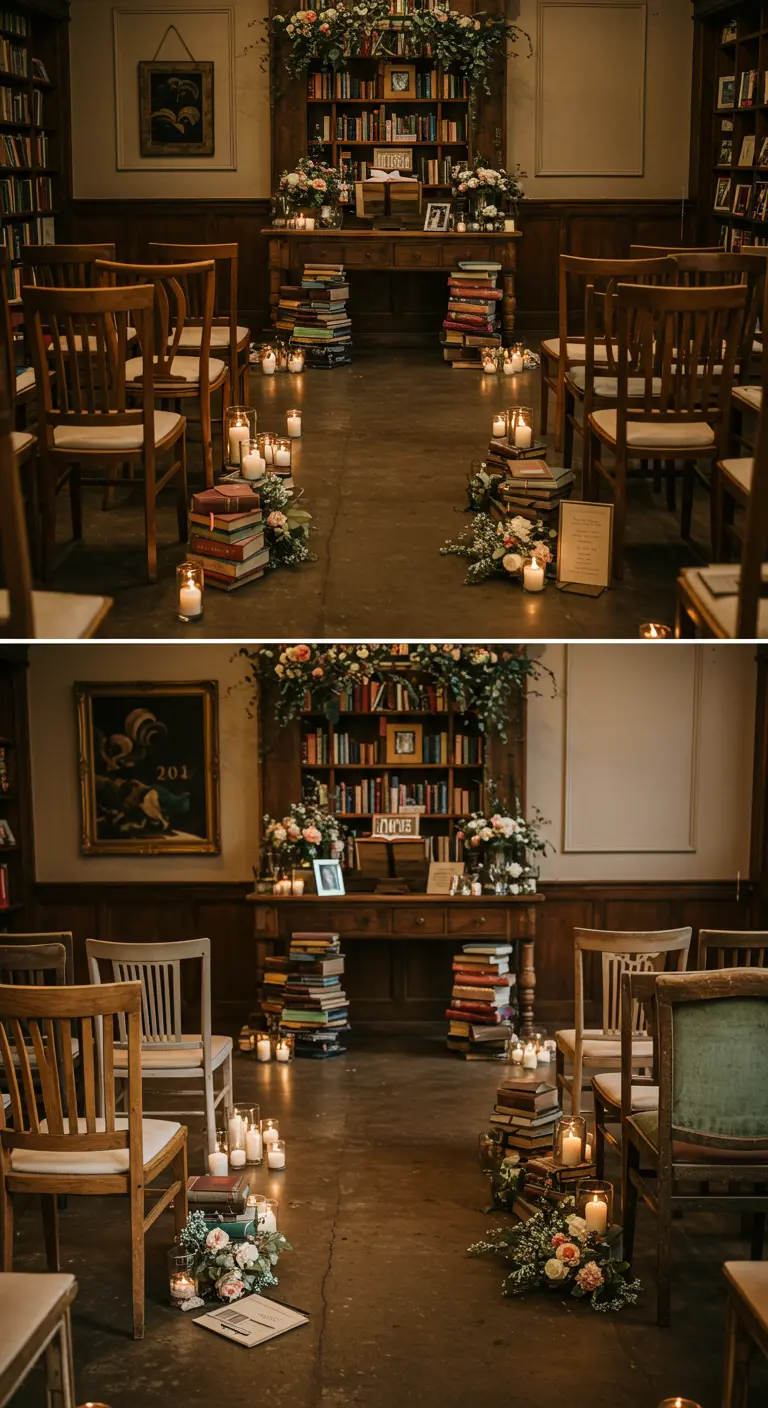 Ceremoniegangpad in bibliotheek versierd met stapels boeken en kaarsen.