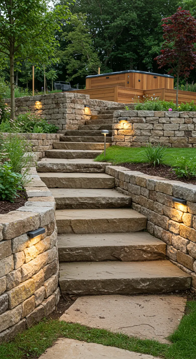 Tuin met meerdere niveaus, stenen trappen, verlichting en groene beplanting.
