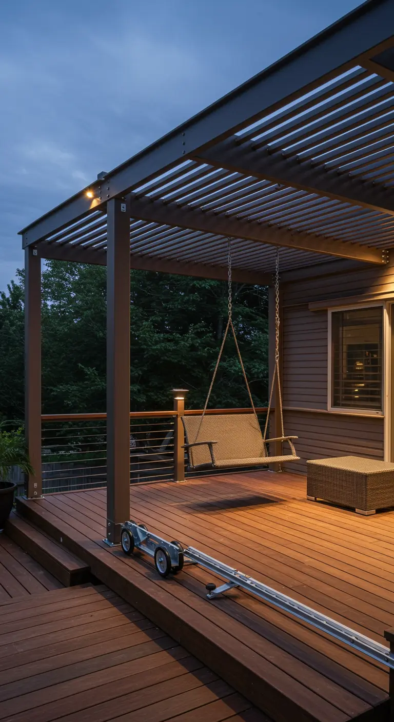 Moderne schommelbank aan kettingen onder stalen pergola op een verhoogd houten terras.