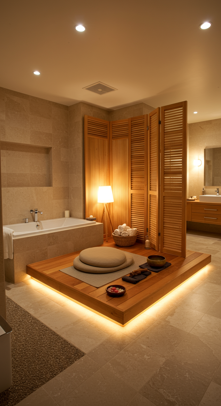 Badkamer met houten platform, kamerscherm en ingebouwd bad.