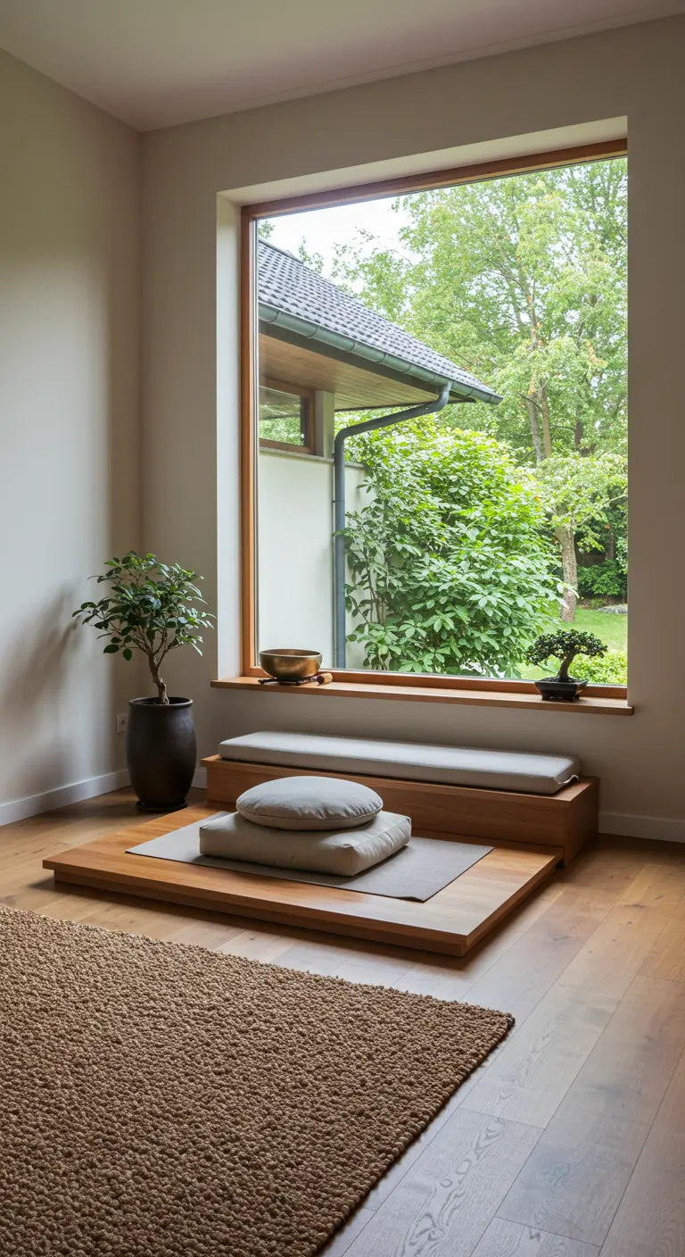 Verhoogd houten platform met lage kussens bij groot raam, minimalistische Japanse stijl.