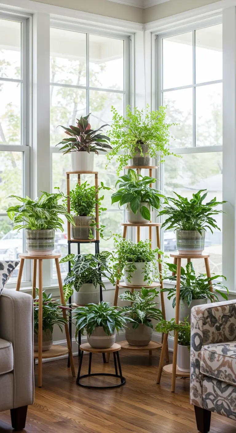 Verzameling groene planten op houten standaards van verschillende hoogtes bij raam.