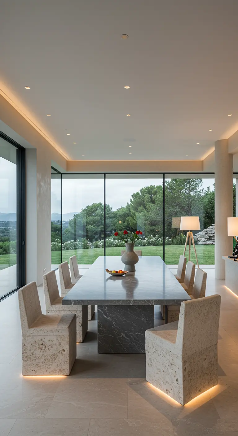 Luxe eetkamer met massieve betonnen stoelen met verlichting en een groot raam met tuinzicht.