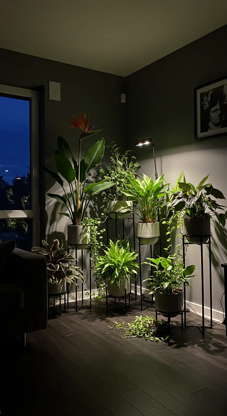Planten op zwarte metalen standaards verlicht door groeilampen in donkere kamer.