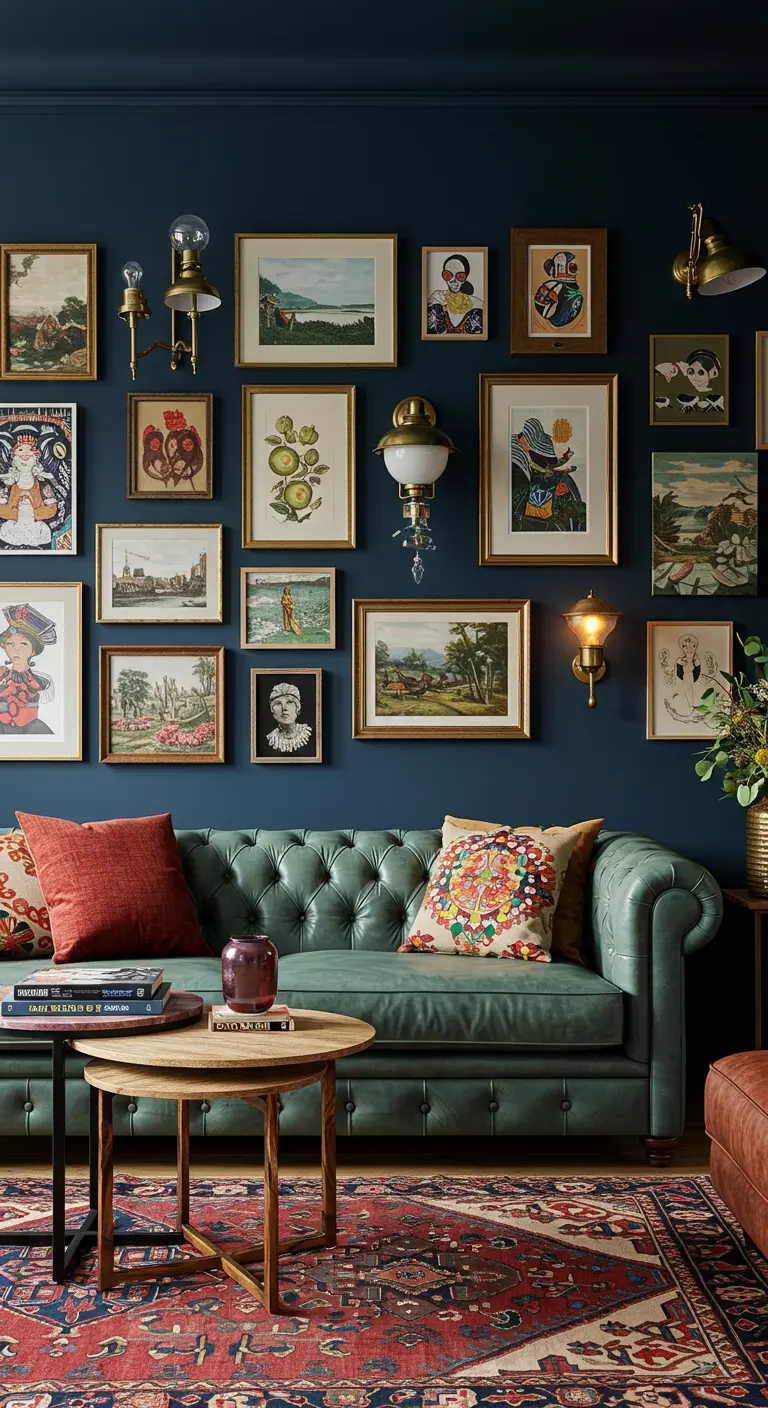 Eclectische woonkamer met donkerblauwe muur, gallery wall en geïntegreerde messing wandlampjes.