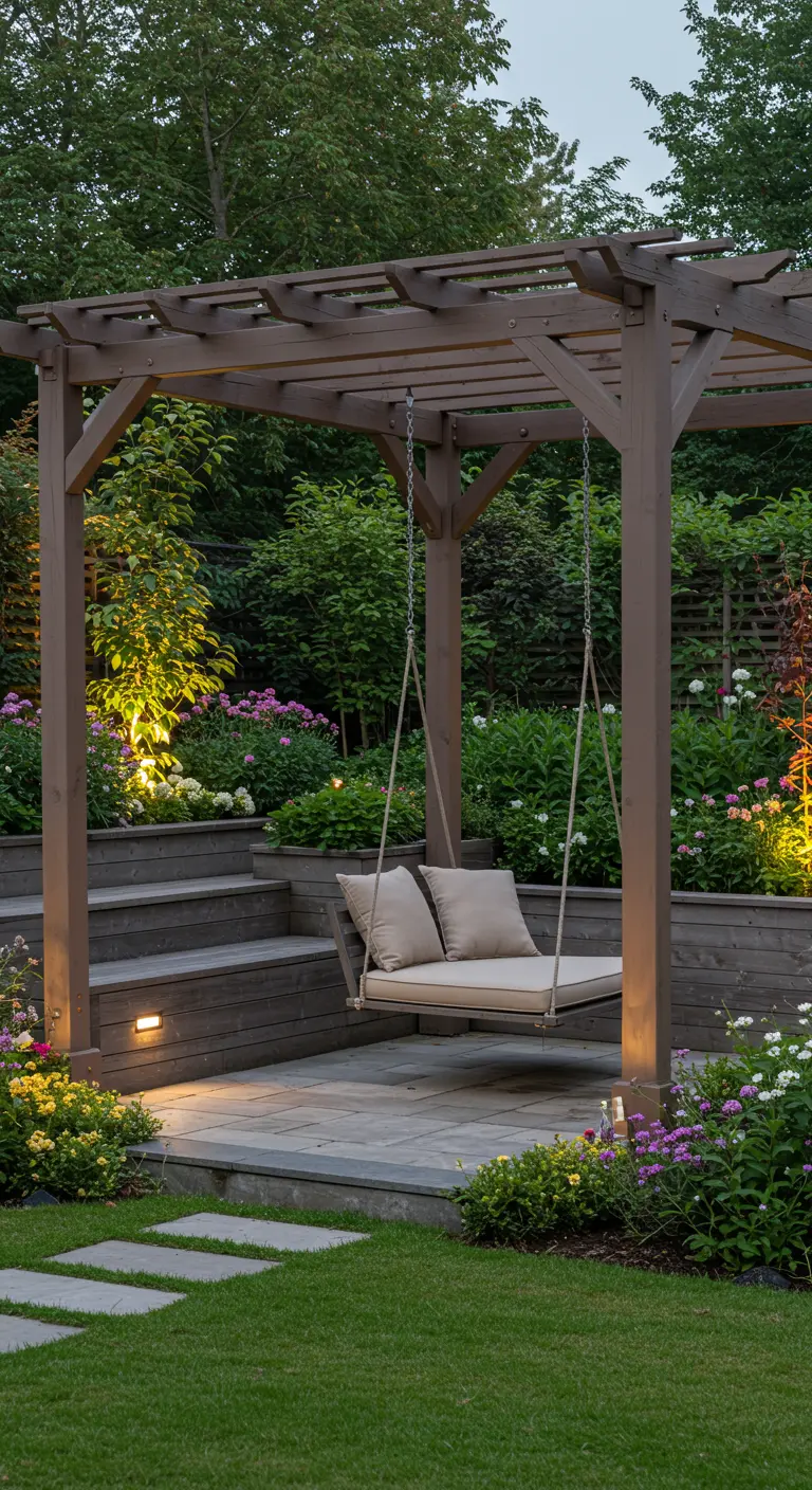 Breed schommelbed met kussens onder houten pergola, sfeervol verlicht 's avonds.