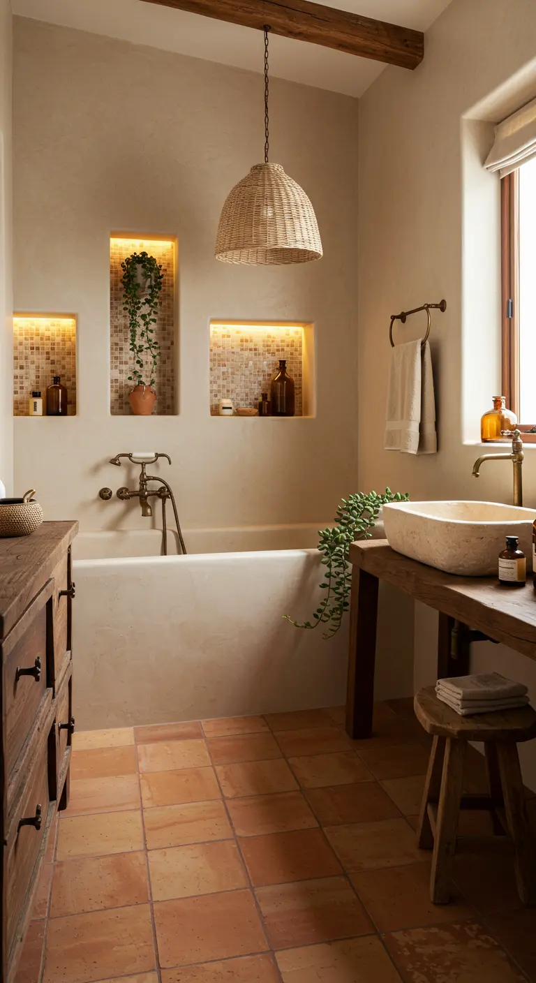 Badkamer met terracotta vloertegels, crèmekleurige wanden en verlichte nissen met mozaïek.