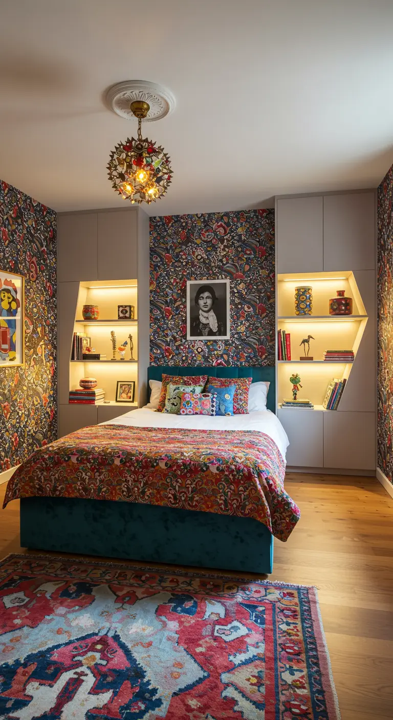Eclectische slaapkamer met verlichte nissen in de muur naast het bed.