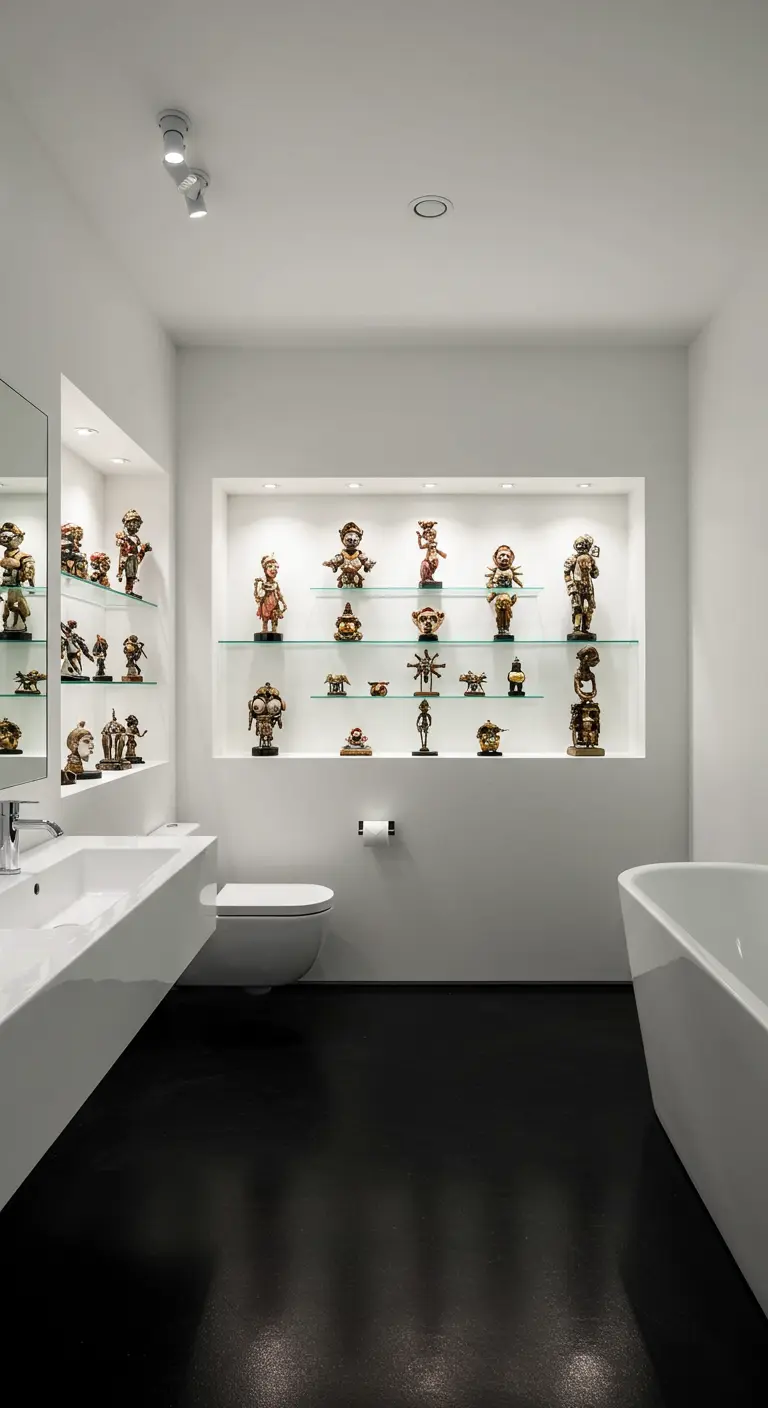 Witte minimalistische badkamer met verlichte nissen waarin kleine sculpturen zijn uitgestald.
