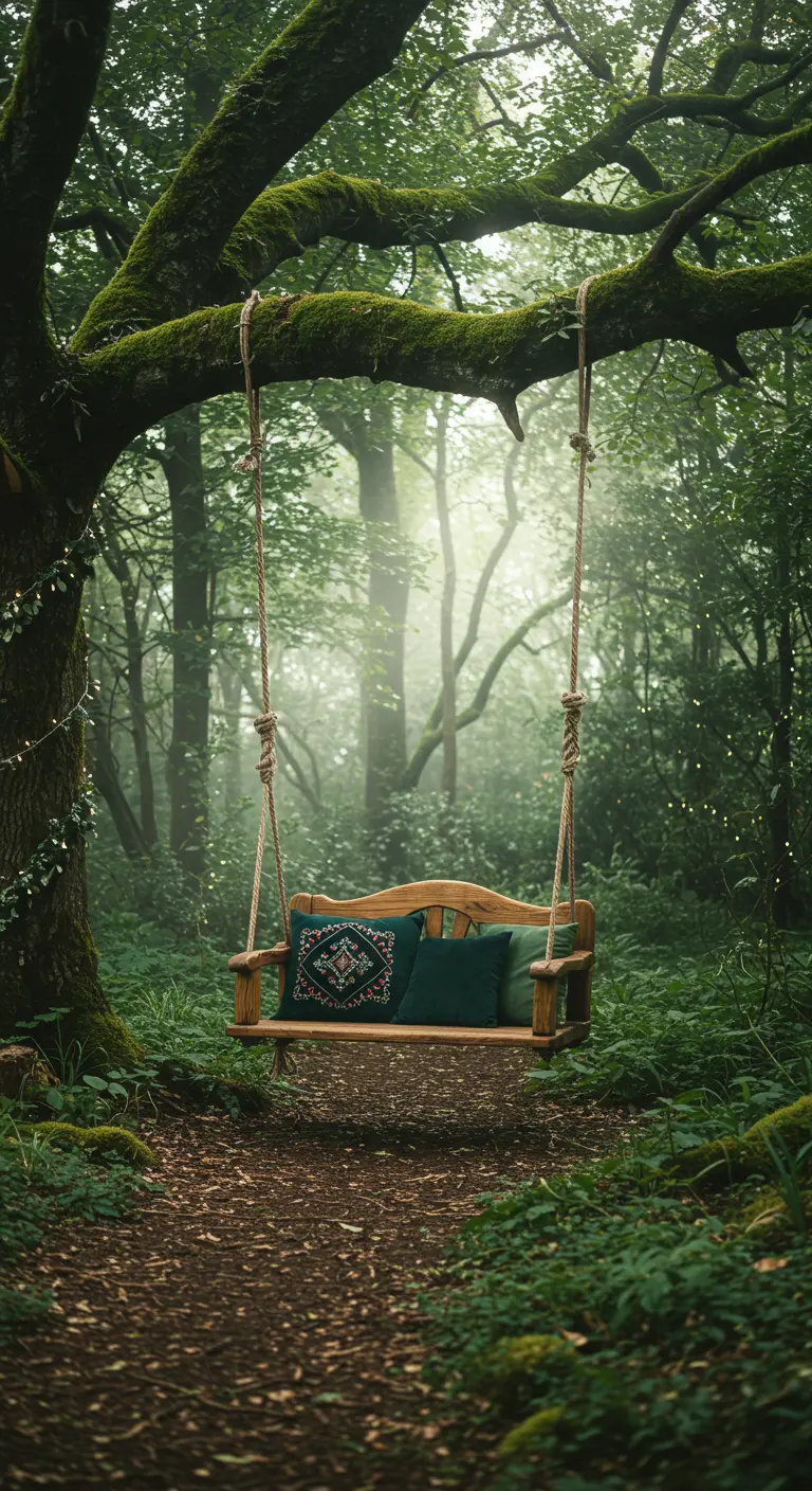 Houten schommelbank met groene kussens in een nevelig, dichtbegroeid bos aan een boom.
