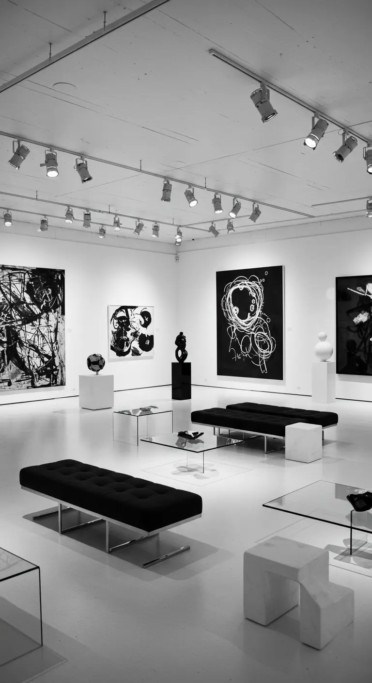 Moderne kunstgalerie setting met abstracte kunst en design meubilair.