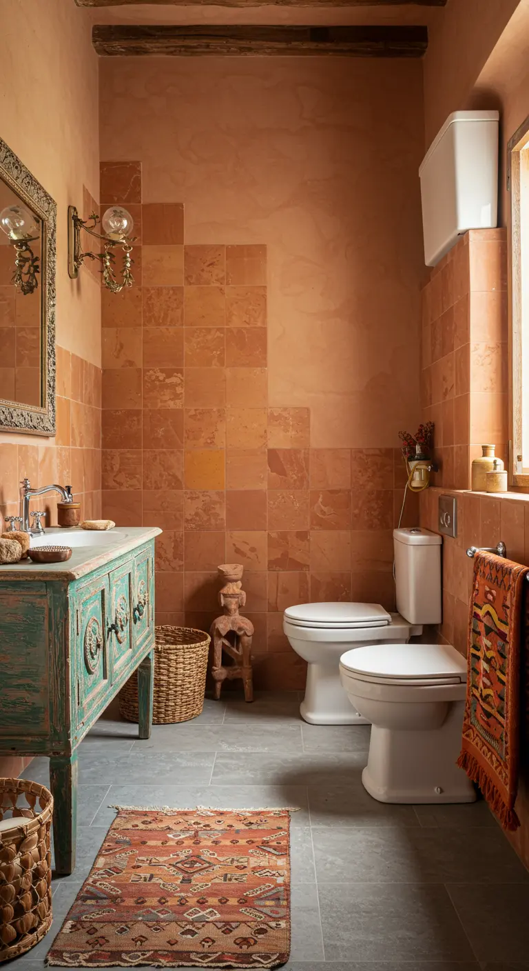 Badkamer met terracotta wandtegels, turquoise vintage wastafelmeubel, grijze vloer.