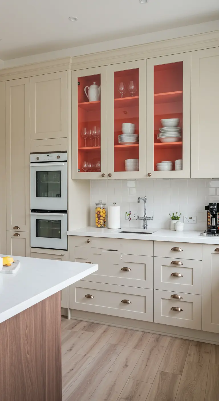 Crèmekleurige keuken met glazen kasten waarvan de binnenkant koraalrood is geschilderd.
