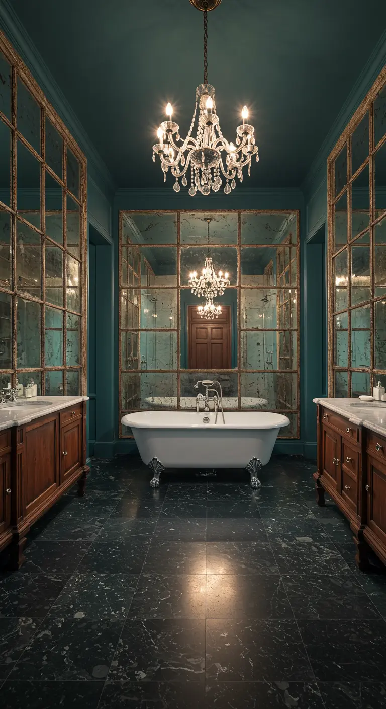Luxueuze badkamer met antieke spiegelpanelen, vrijstaand bad en kroonluchter.