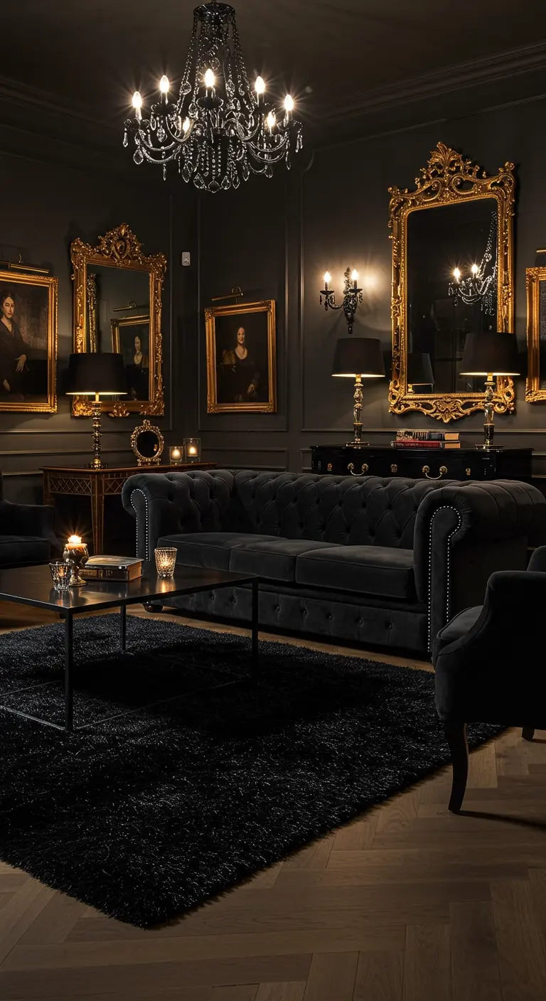 Luxueuze zwarte woonkamer met gouden barokke spiegels, fluwelen bank en kristallen kroonluchter.