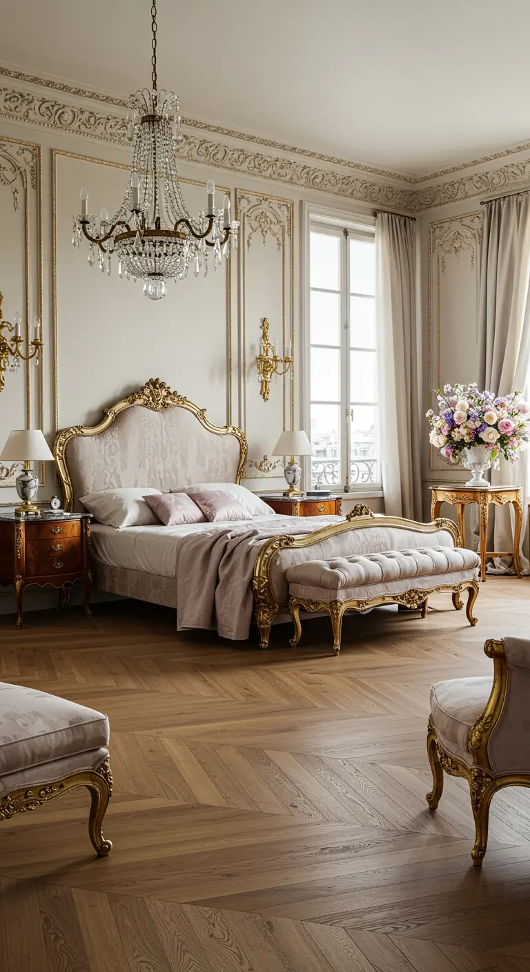Klassieke Parijse slaapkamer met goudomrand bed, kroonluchter en visgraatvloer.
