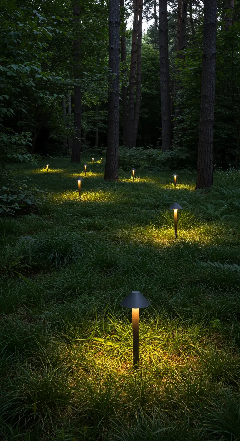 Padverlichting met kleine lampjes in een grasrijk bosgebied bij schemering.
