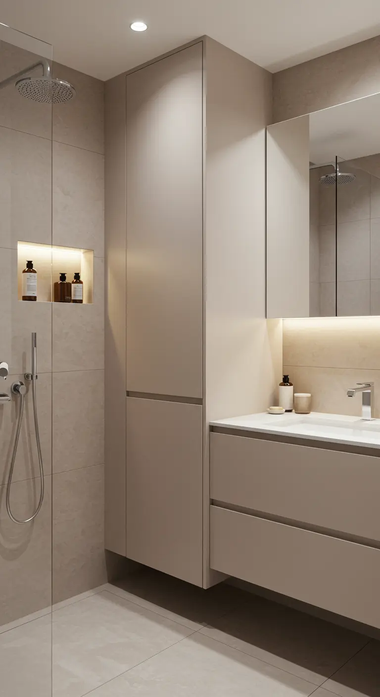 Lichte badkamer met hoge opbergkast, zwevend meubel en verlichte nis in de douche.