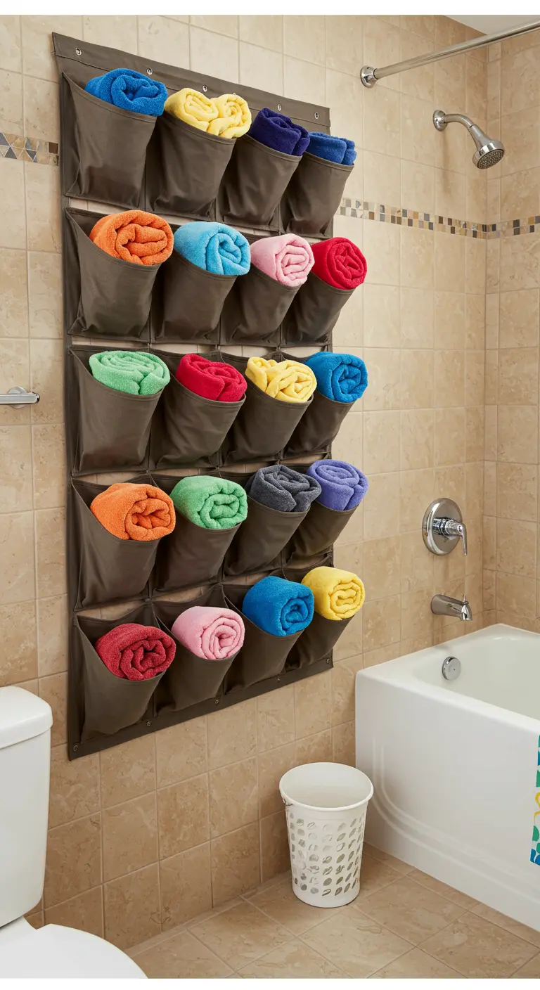 Stoffen hangende organizer aan de muur met opgerolde gekleurde handdoeken.