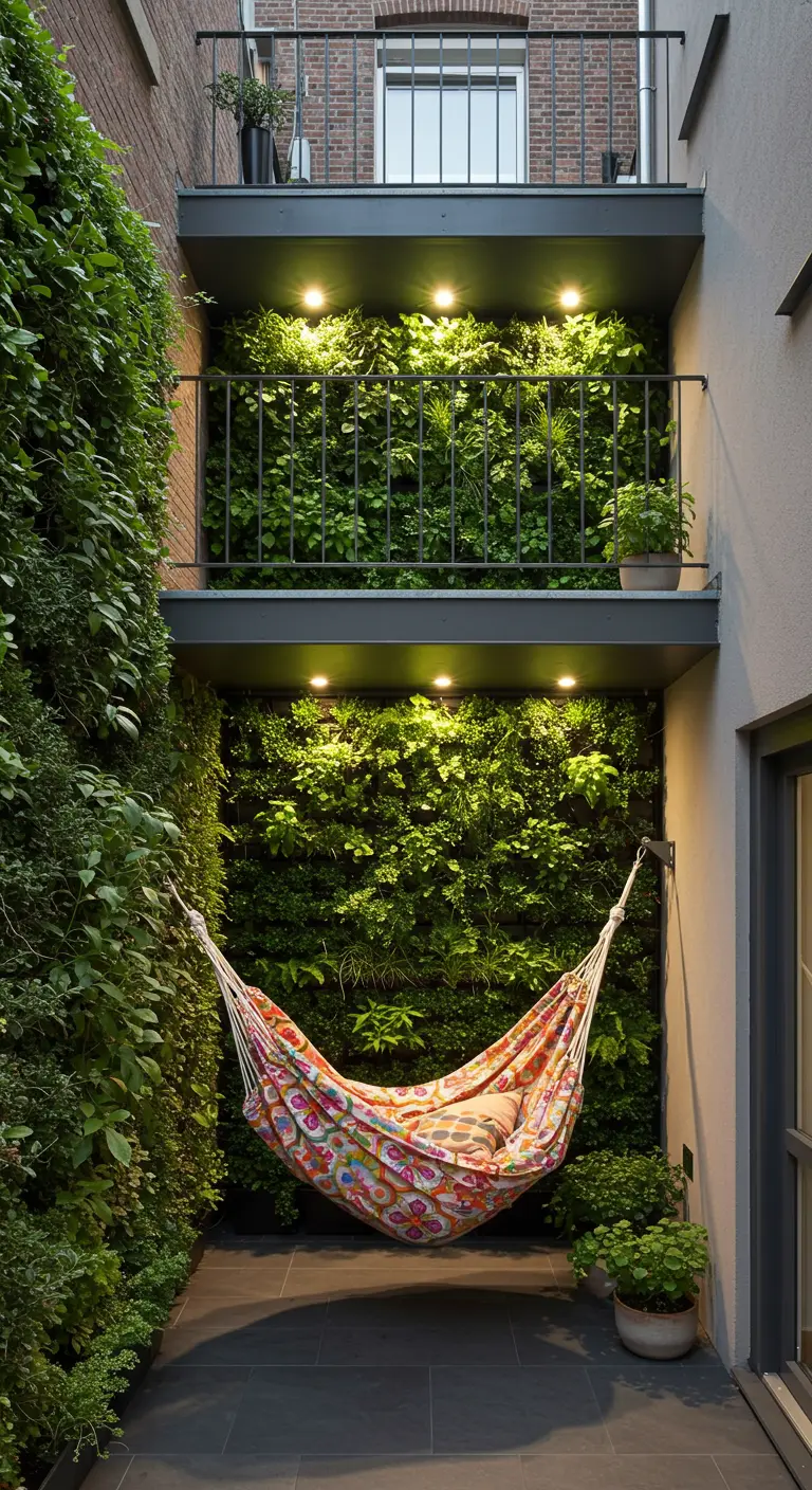 Kleurrijke hangmat voor een weelderige verticale groene plantenwand in een smalle patio.