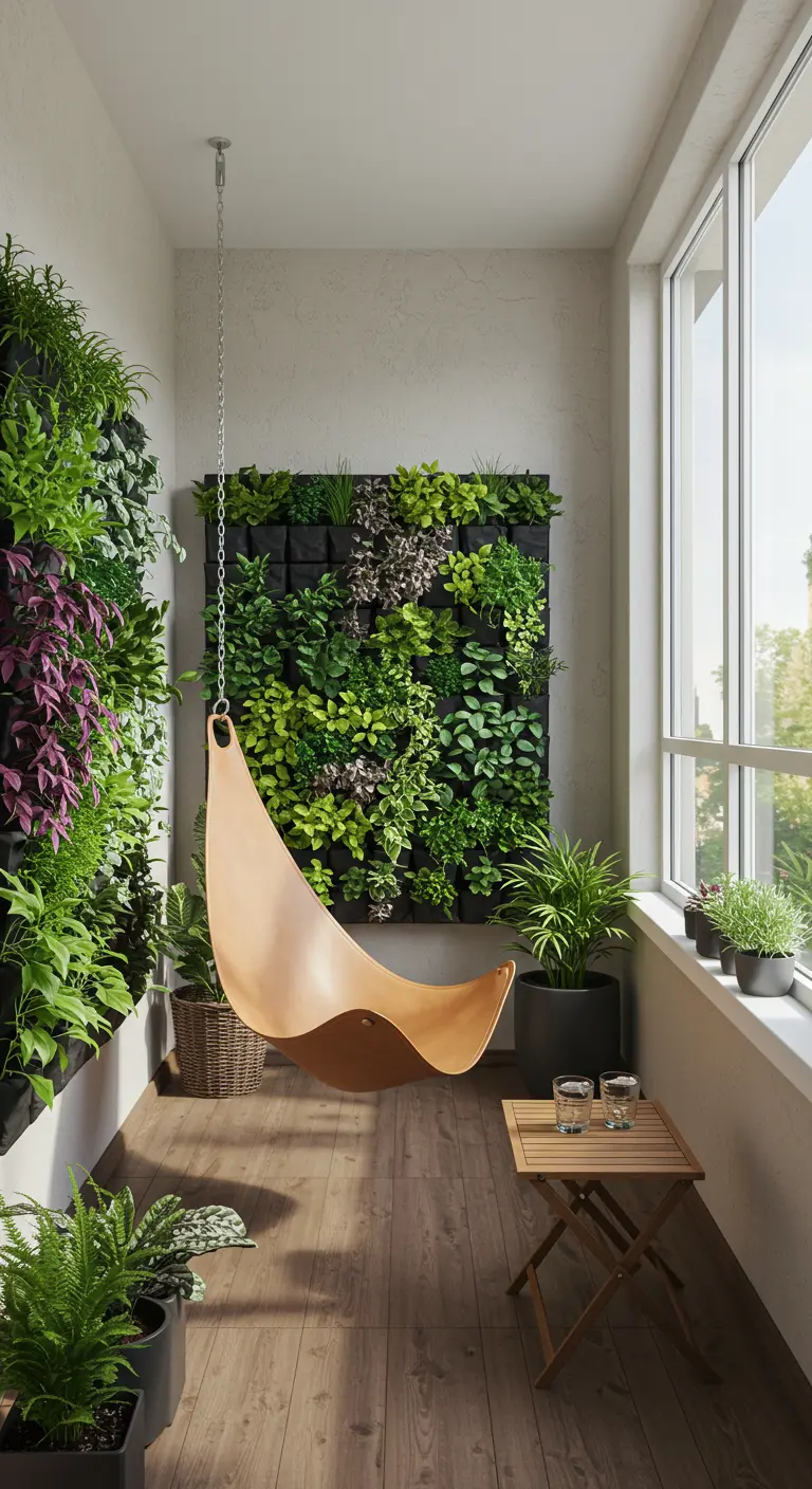 Smal balkon met grote verticale plantenwand en een vloeiende bruinleren hangstoel.