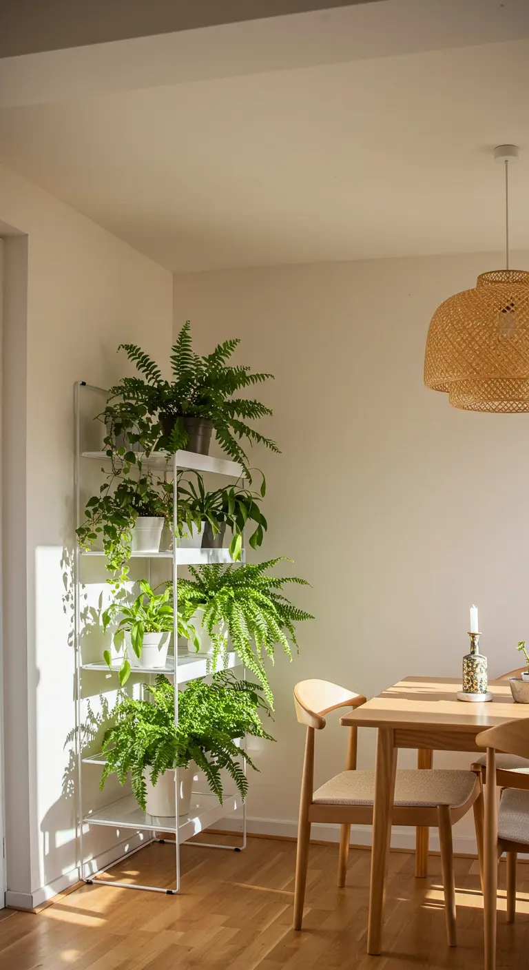 Wit metalen plantenrek met diverse groene planten naast eettafel