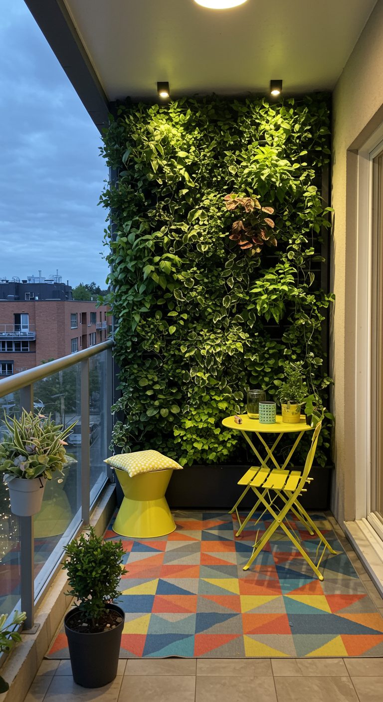 Balkon met verticale groene plantenwand en geel bistrosetje.