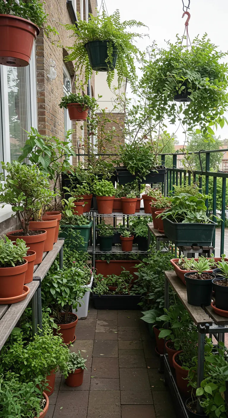 Smal balkon volgestapeld met planten in terracotta potten op rekken.