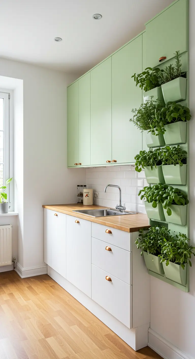 Witte keuken met een verticale kruidentuin gemonteerd aan de zijkant van een bovenkast.